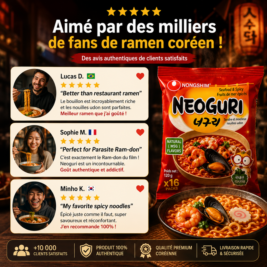 Nongshim Neoguri – Le secret du Ram-don (Parasite) – Pack 16 Nouilles Udon Épicées