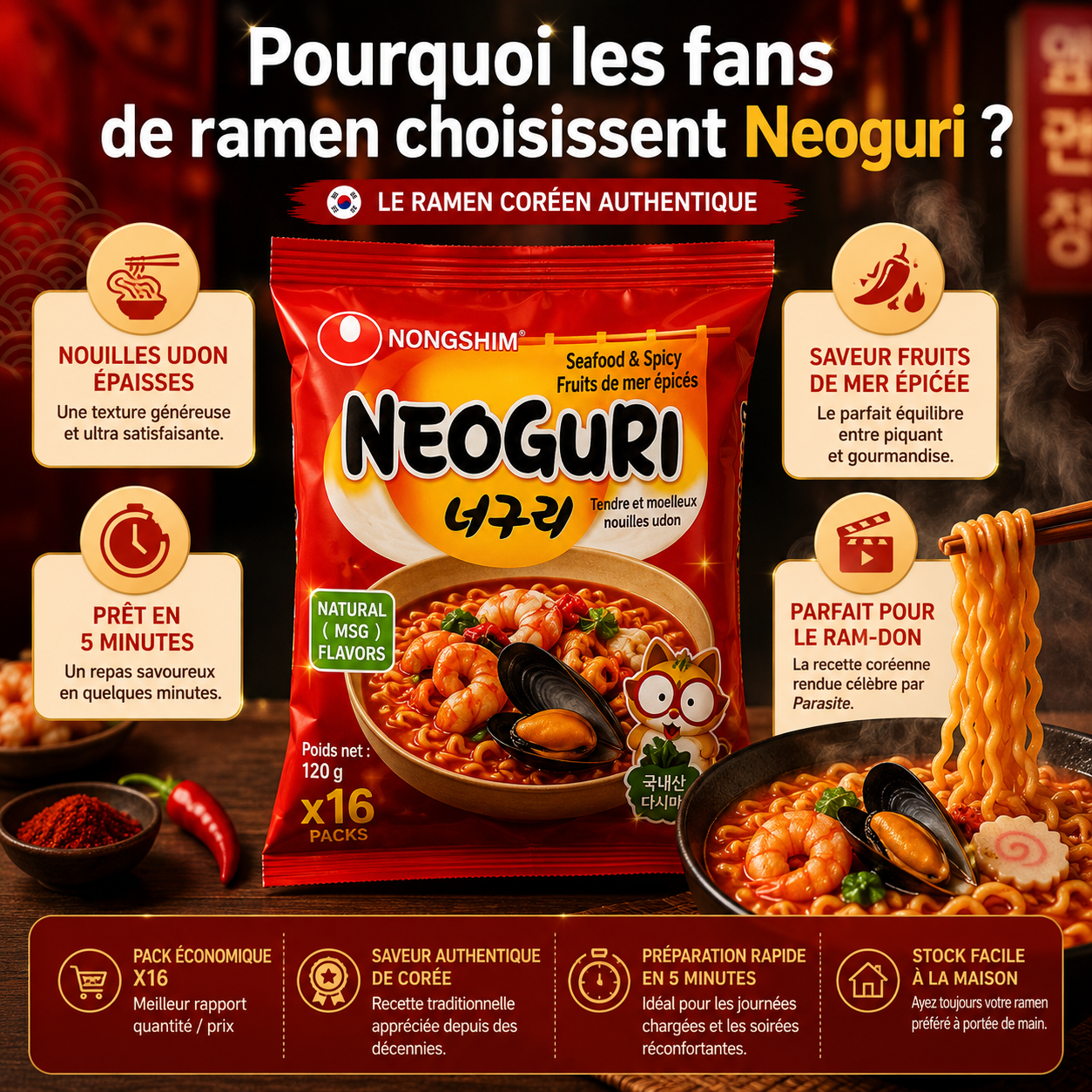 Nongshim Neoguri – Le secret du Ram-don (Parasite) – Pack 16 Nouilles Udon Épicées