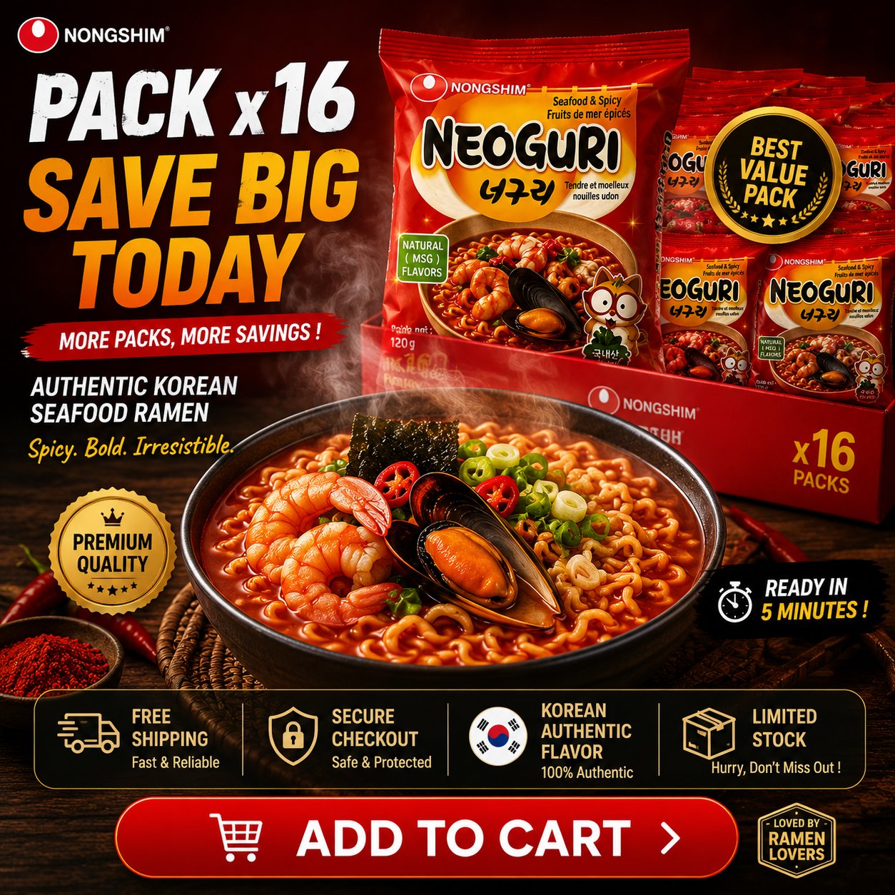 Nongshim Neoguri – Le secret du Ram-don (Parasite) – Pack 16 Nouilles Udon Épicées