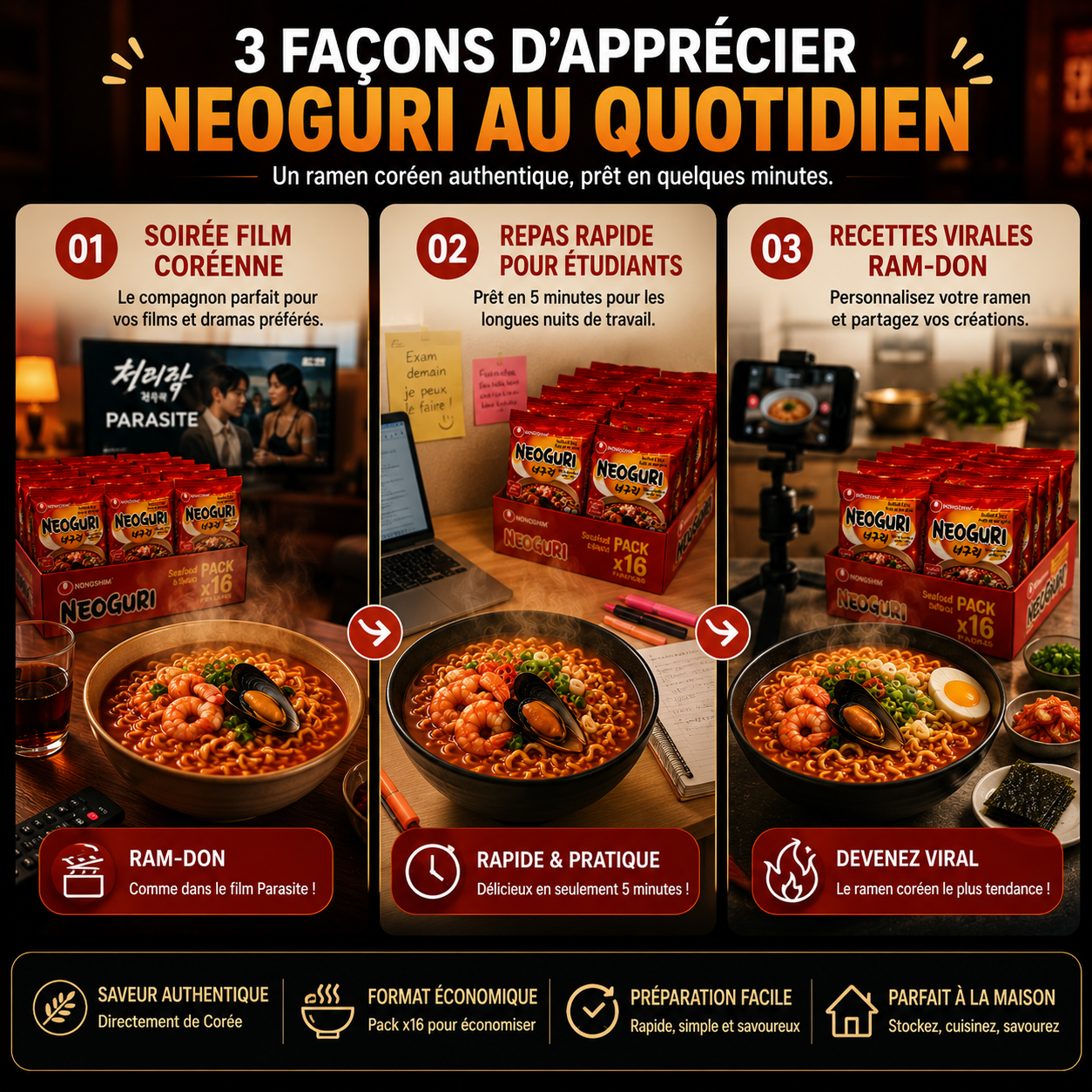 Nongshim Neoguri – Le secret du Ram-don (Parasite) – Pack 16 Nouilles Udon Épicées