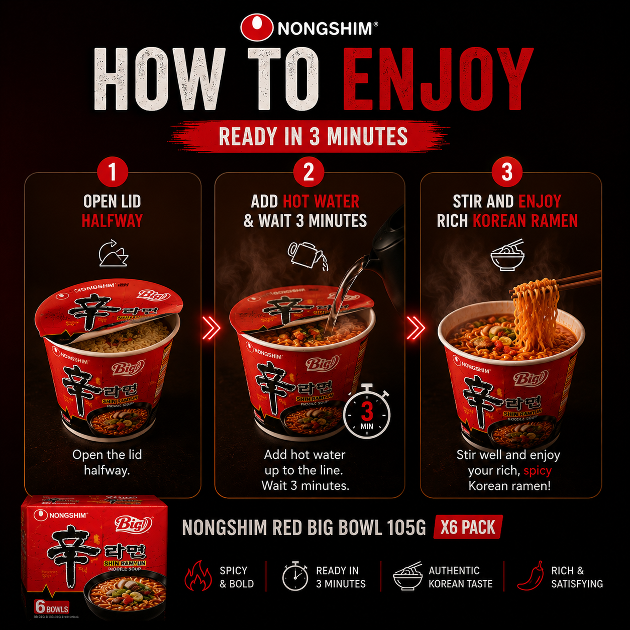 Nongshin Red Big Bowl : Le Ramyun Iconique de Corée (Pack de 6) – Prêt en 3 Min 🔥