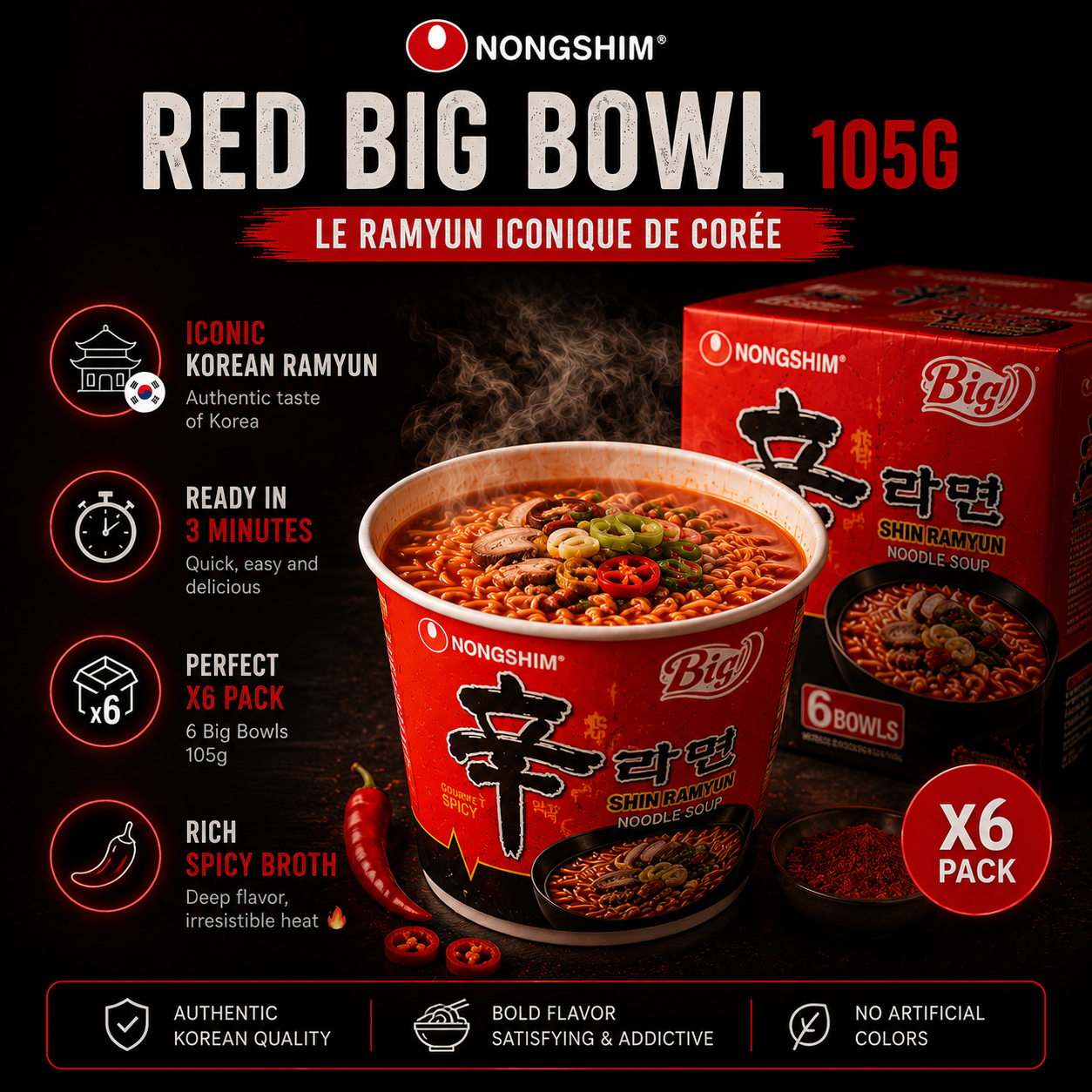 Nongshin Red Big Bowl : Le Ramyun Iconique de Corée (Pack de 6) – Prêt en 3 Min 🔥