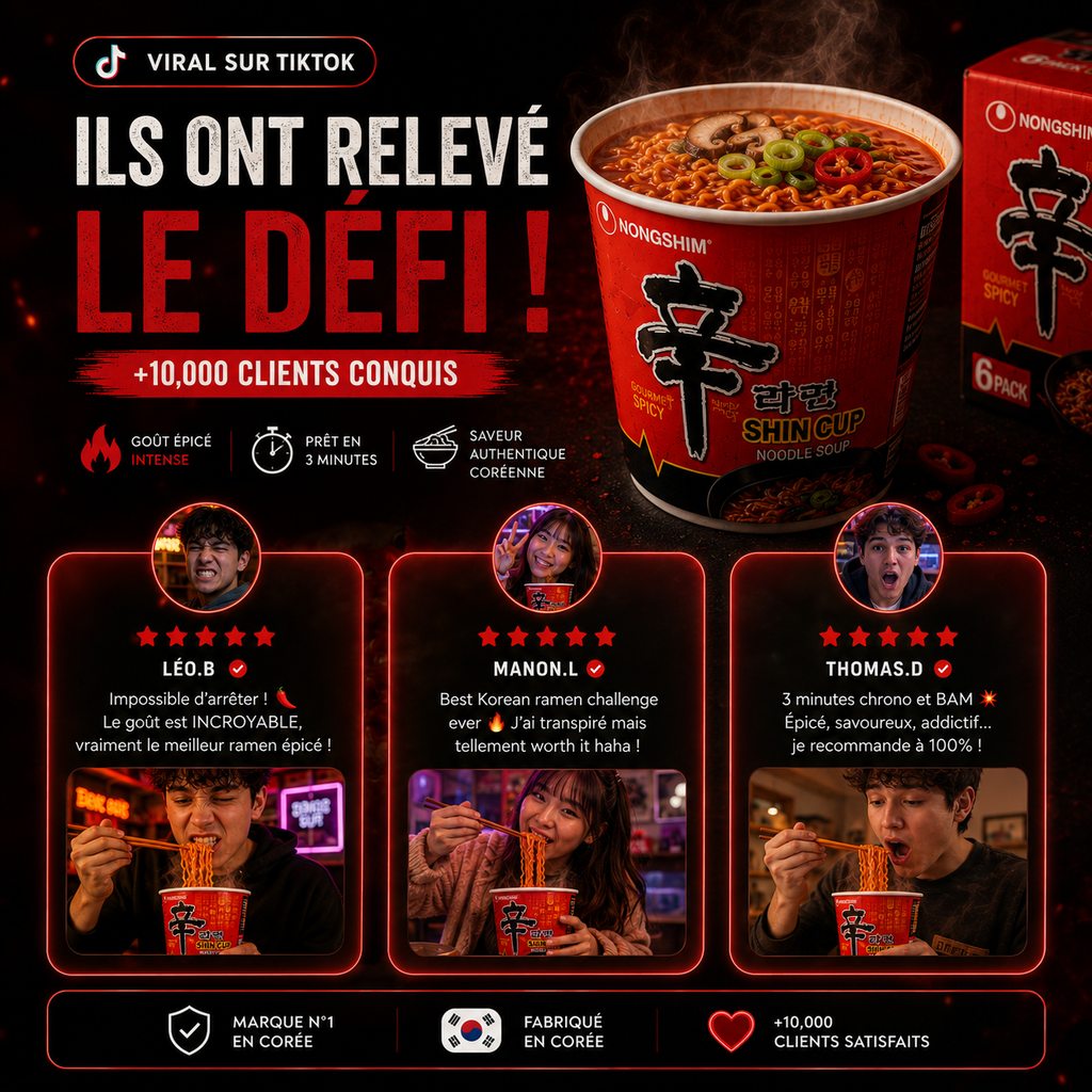 🔥 Nongshim Shin Cup x6 - Le Ramen Coréen Viral que PERSONNE ne finit (Challenge TikTok)