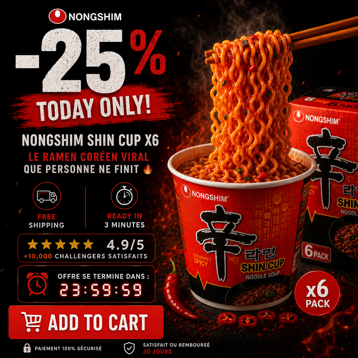 🔥 Nongshim Shin Cup x6 - Le Ramen Coréen Viral que PERSONNE ne finit (Challenge TikTok)