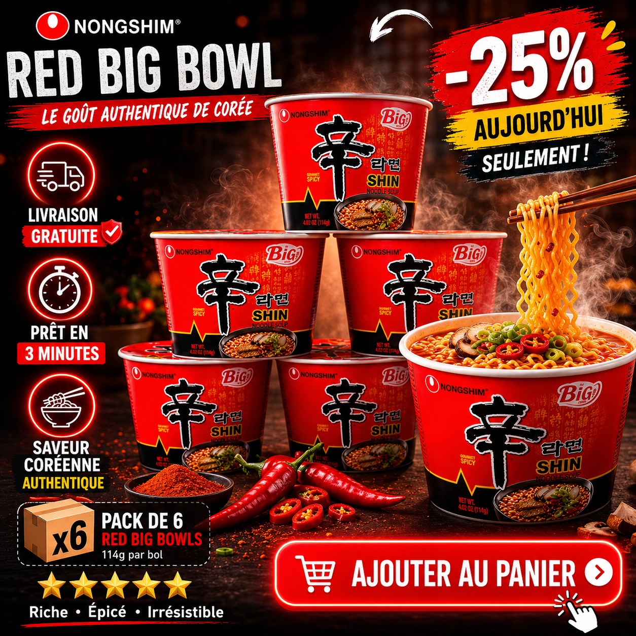 Nongshin Red Big Bowl : Le Ramyun Iconique de Corée (Pack de 6) – Prêt en 3 Min 🔥