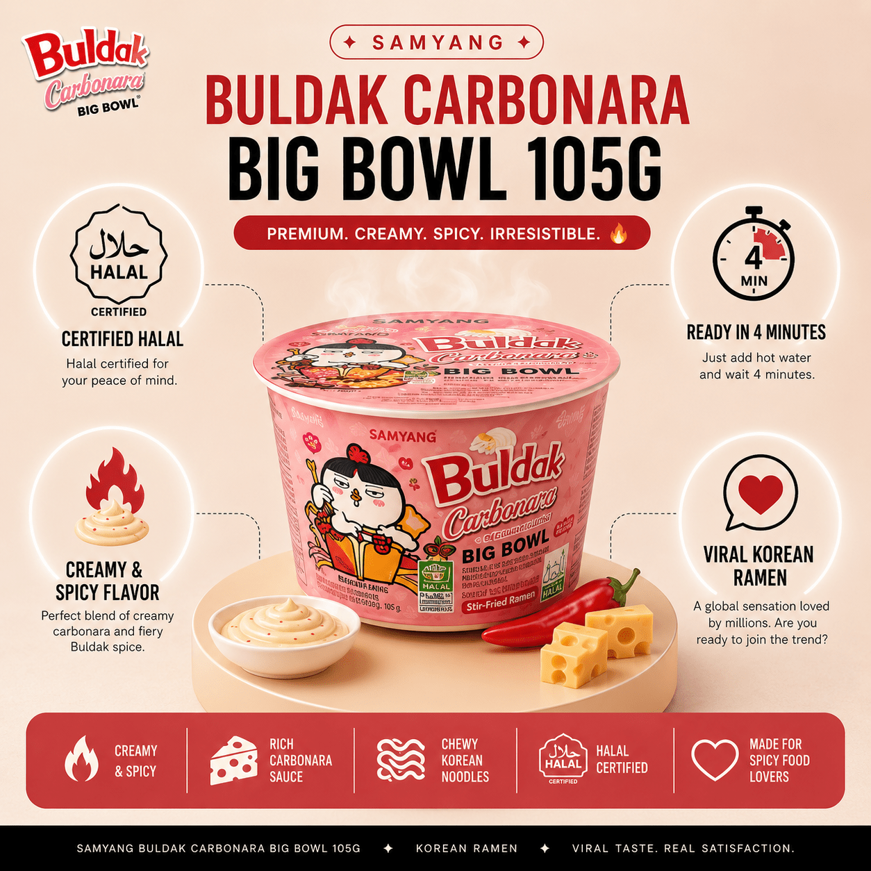 Samyang Buldak Carbonara — Le Ramen Coréen Viral Big Bowl 105g certifié Halal | Épicé & Crémeux en 4 Min - PikaonoodlesSamyang Buldak Carbonara — Le Ramen Coréen Viral Big Bowl 105g certifié Halal | Épicé & Crémeux en 4 Min