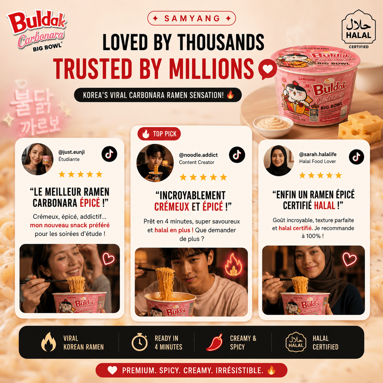 Samyang Buldak Carbonara — Le Ramen Coréen Viral Big Bowl 105g certifié Halal | Épicé & Crémeux en 4 Min - PikaonoodlesSamyang Buldak Carbonara — Le Ramen Coréen Viral Big Bowl 105g certifié Halal | Épicé & Crémeux en 4 Min