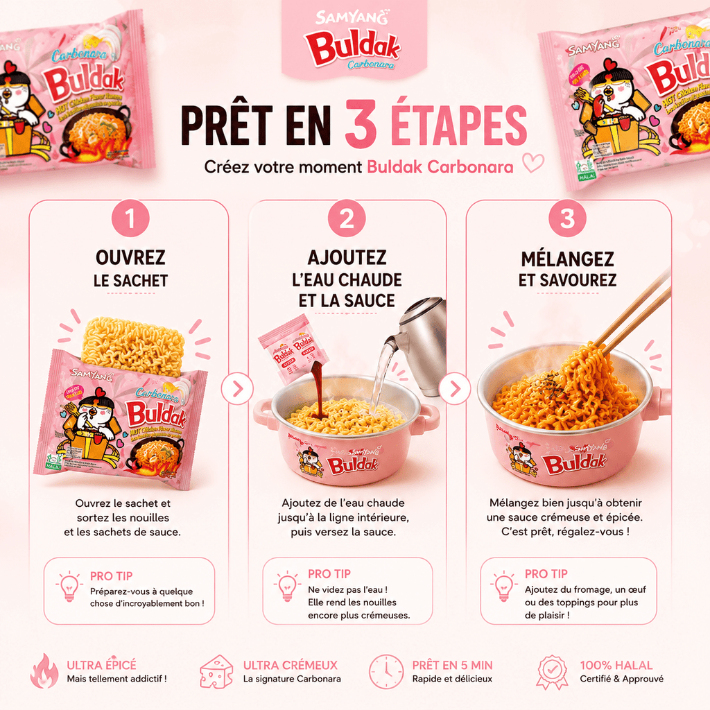 Samyang Buldak Carbonara 🌶️🧀 | 100% Halal Certifié | Le Ramen Viral & Crémeux - PikaonoodlesSamyang Buldak Carbonara 🌶️🧀 | 100% Halal Certifié | Le Ramen Viral & Crémeux