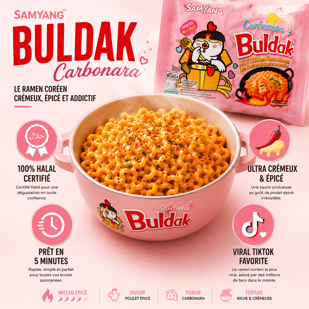 Samyang Buldak Carbonara 🌶️🧀 | 100% Halal Certifié | Le Ramen Viral & Crémeux - PikaonoodlesSamyang Buldak Carbonara 🌶️🧀 | 100% Halal Certifié | Le Ramen Viral & Crémeux