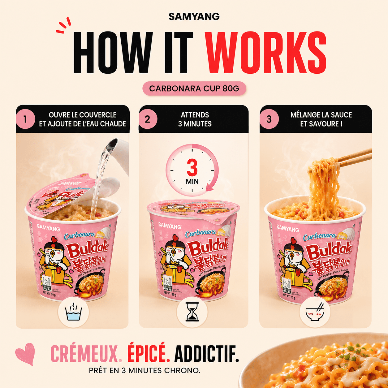 Samyang Buldak Carbonara (Cup 80 g) – Crémeux & Épicé, prêt en 3 min - PikaonoodlesSamyang Buldak Carbonara (Cup 80 g) – Crémeux & Épicé, prêt en 3 min