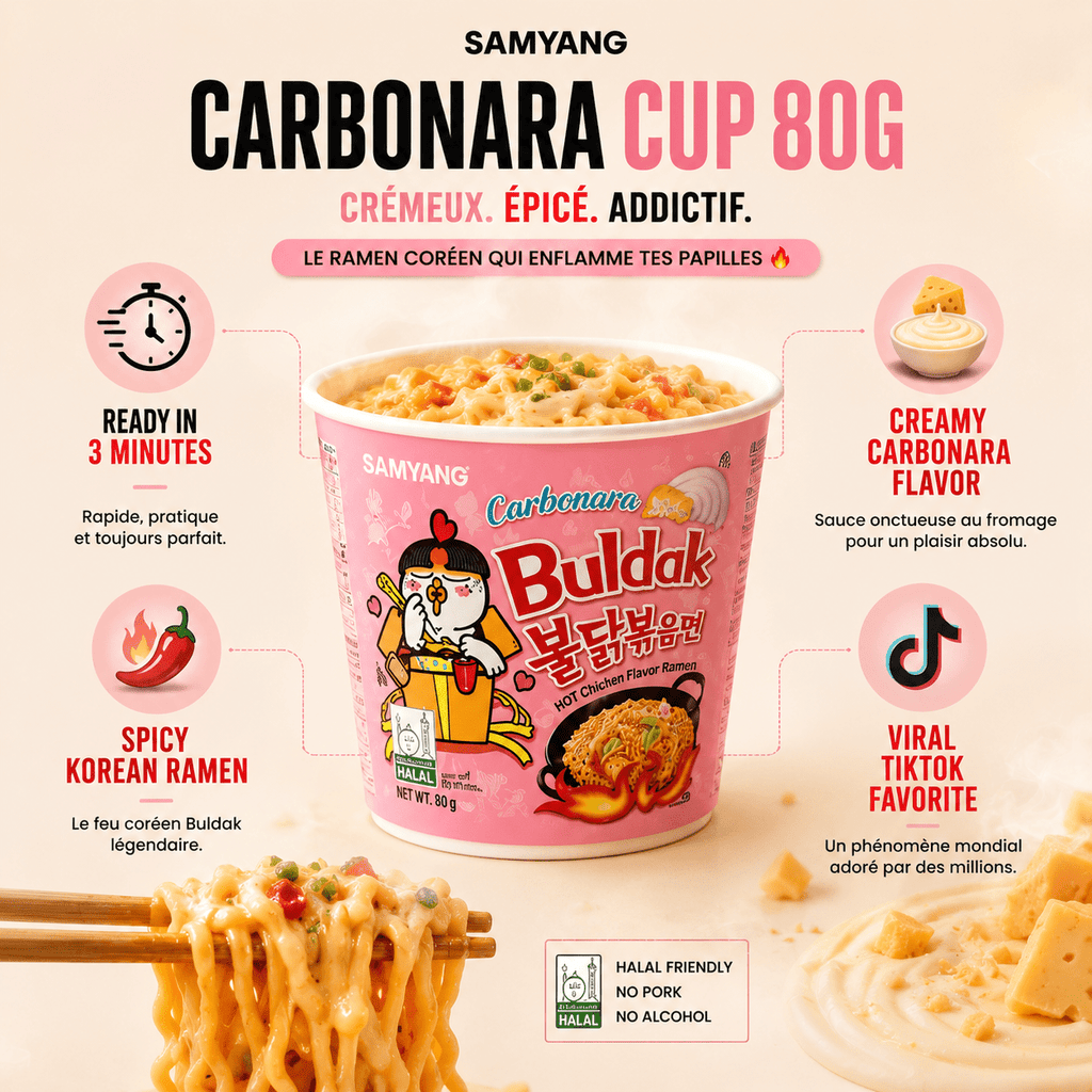 Samyang Buldak Carbonara (Cup 80 g) – Crémeux & Épicé, prêt en 3 min - PikaonoodlesSamyang Buldak Carbonara (Cup 80 g) – Crémeux & Épicé, prêt en 3 min