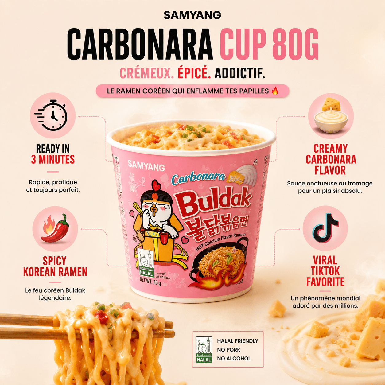 Samyang Buldak Carbonara (Cup 80 g) – Crémeux & Épicé, prêt en 3 min - PikaonoodlesSamyang Buldak Carbonara (Cup 80 g) – Crémeux & Épicé, prêt en 3 min
