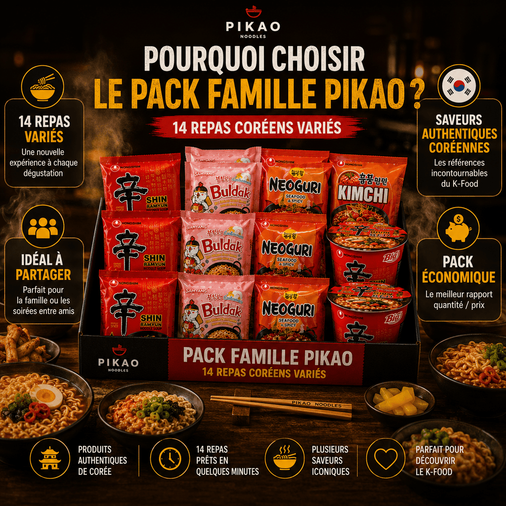 🔥 PACK FAMILLE PIKAO – 14 Repas Coréens Variés - Pikaonoodles🔥 PACK FAMILLE PIKAO – 14 Repas Coréens Variés